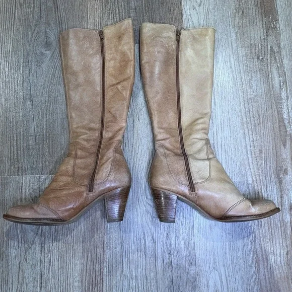 TOPSHOP SIZE 7.5 TAN LEATHER KNEE HIGH CUBAN HEEL BOOTS Made in Spain - Picture 2 of 11